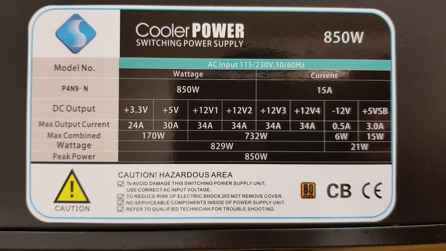 850W ATX Cooler EXTREME Power Supply Silent Fan PSU Desktop Computer PC Gaming - BESTA