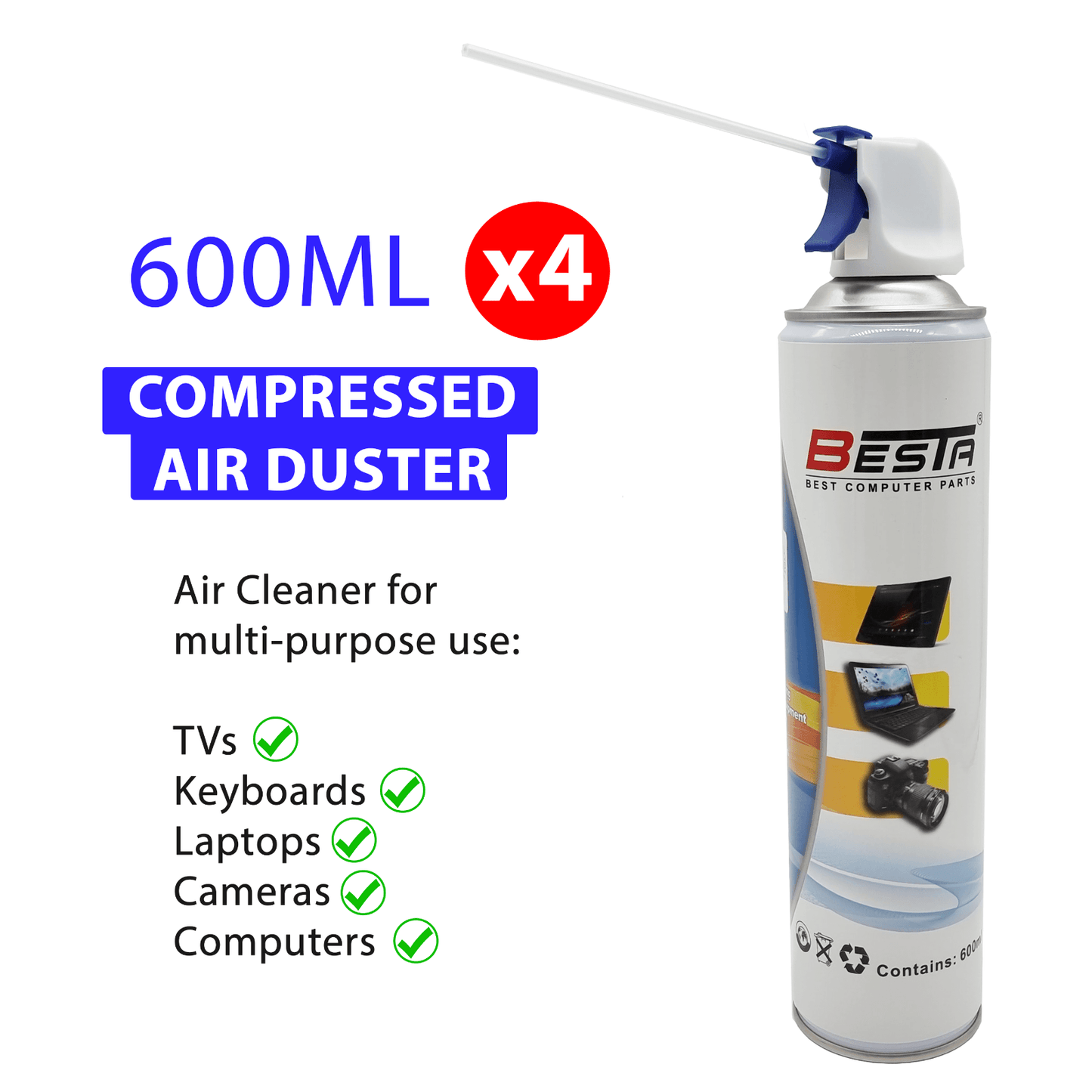 4x Compressed Air Duster Cleaner 600ML Can for Laptop PC Keyboard Camera TV - BESTA