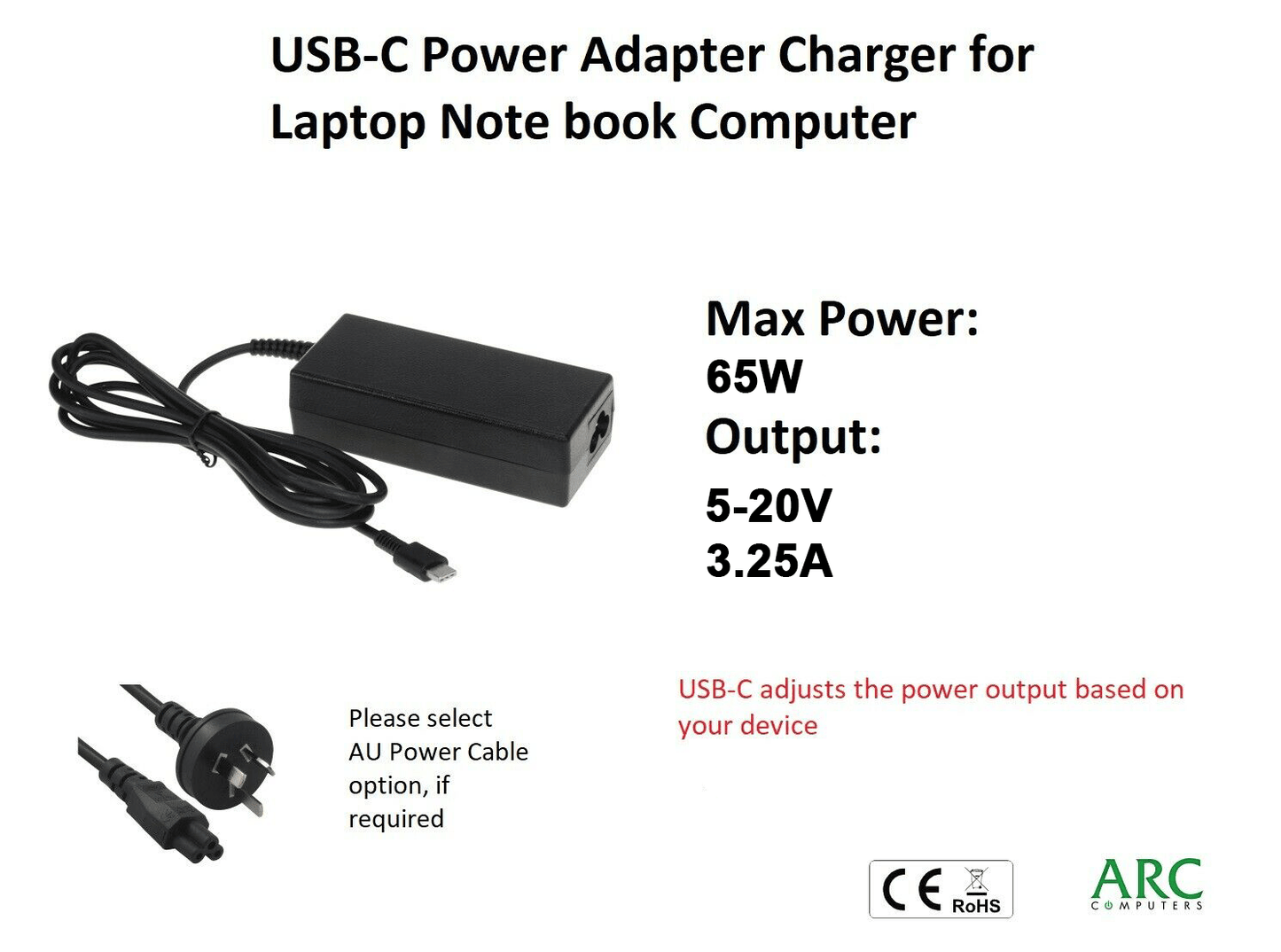 65W USB-C AC Power Adapter Type-C Charger Cable 5V~20V/3.25A for Laptop AU - BESTA