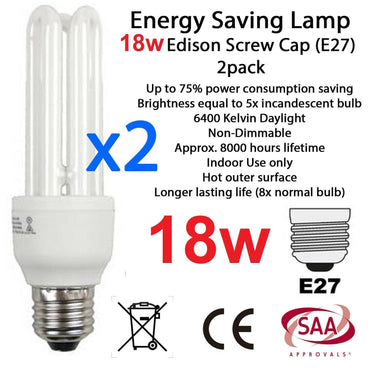 2 x 18W Daylight Energy Saving E27 Lamp Globe Night 6400 Kelvin Light Bulb WHT - BESTA
