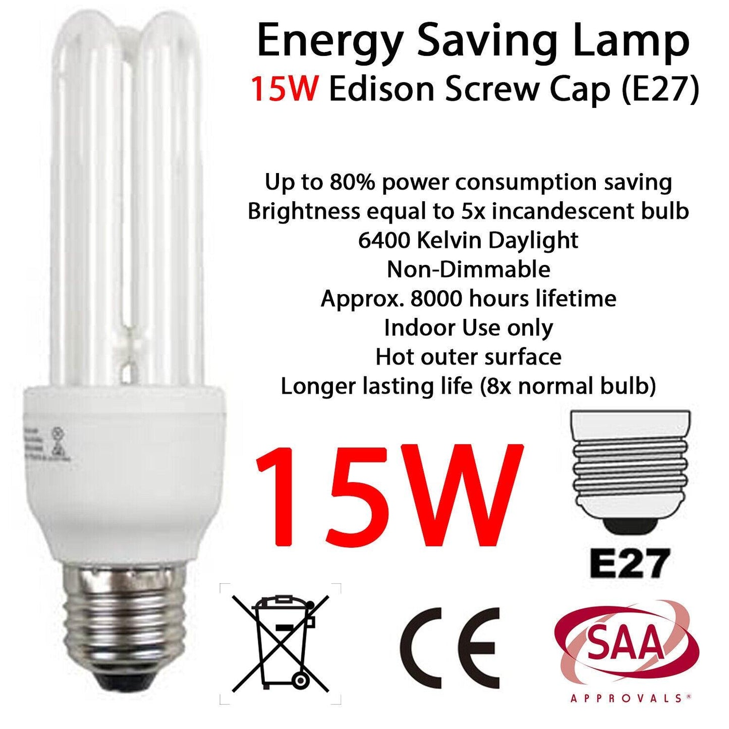 2x 15W Daylight Energy Saving E27 Lamp Globe Night 6400 Kelvin Light Bulb WHT - BESTA