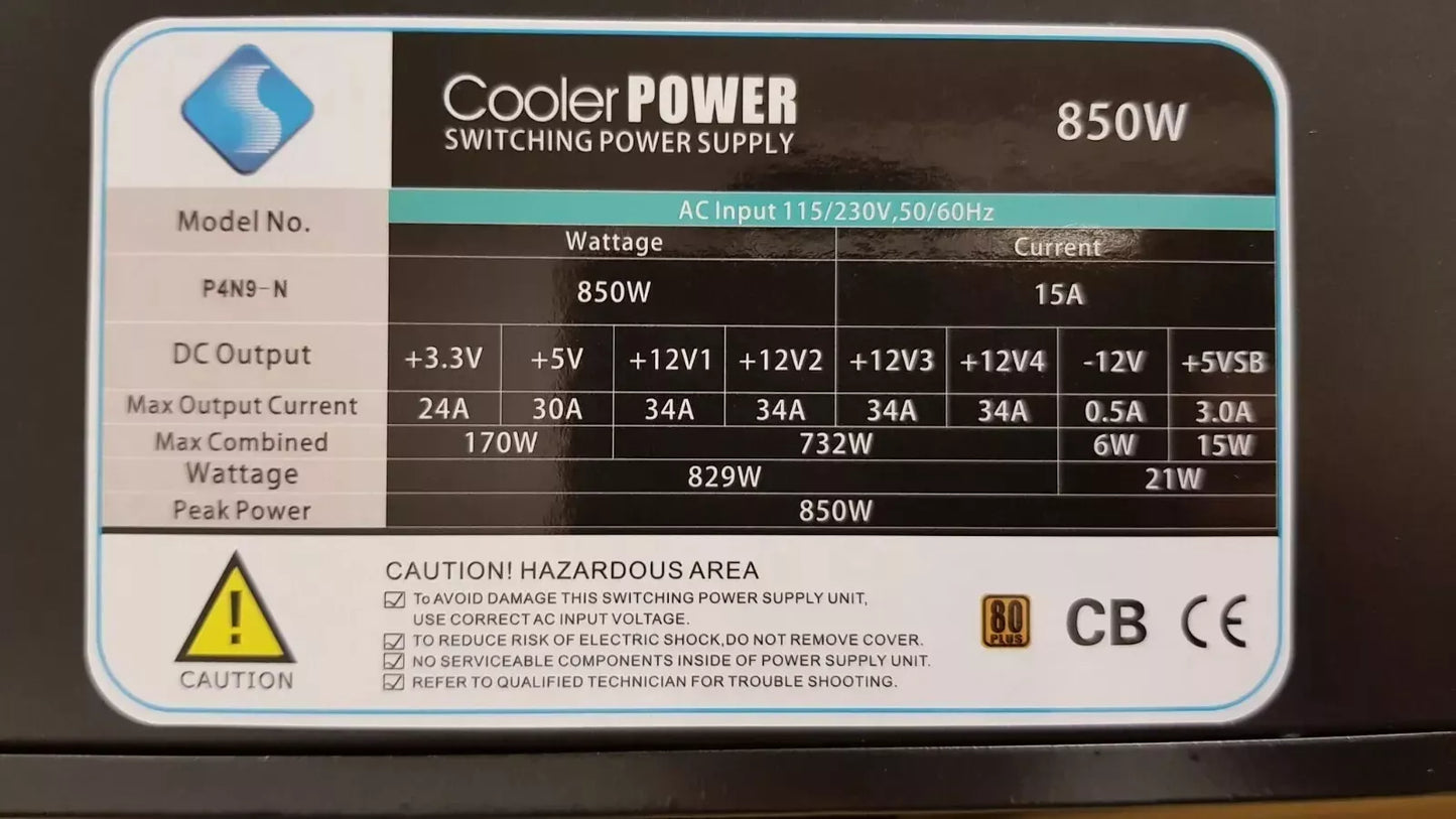 850W ATX Cooler EXTREME Power Supply Silent Fan PSU Desktop Computer PC Gaming