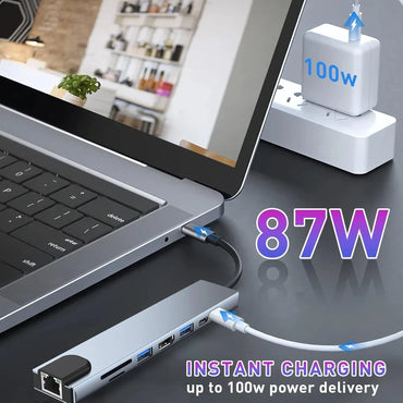 8in1 USB-C 3.1 To Type-C USB 3.0 Hub HDMI RJ45 Ethernet Micro SD TF OTG Adapter