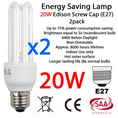 2 x 20W Daylight Energy Saving E27 Lamp Globe Night 6400 Kelvin Light Bulb WHT - BESTA