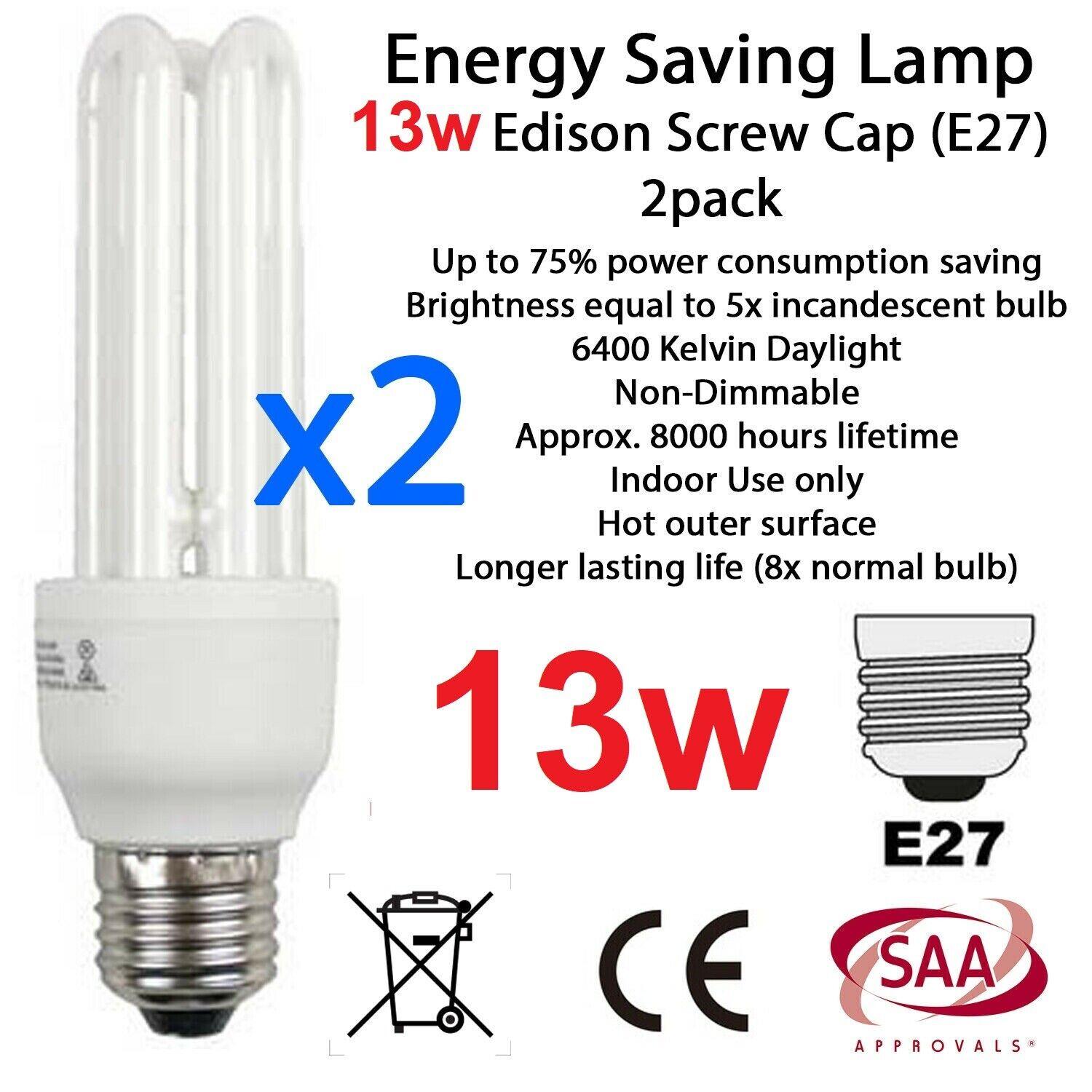 2x 13W Daylight Energy Saving E27 Lamp Globe Night 6400 Kelvin Light Bulb WHT - BESTA