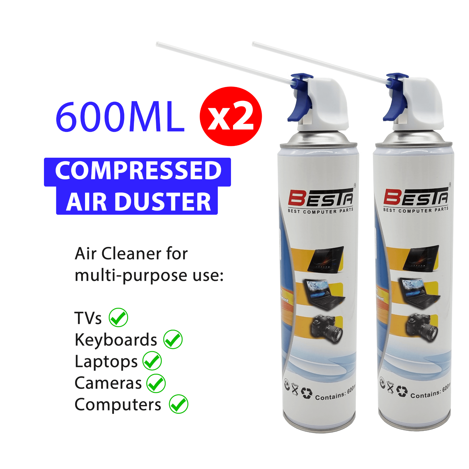 2x Compressed Air Duster Cleaner 600ML Can for Laptop PC Keyboard Camera TV - BESTA