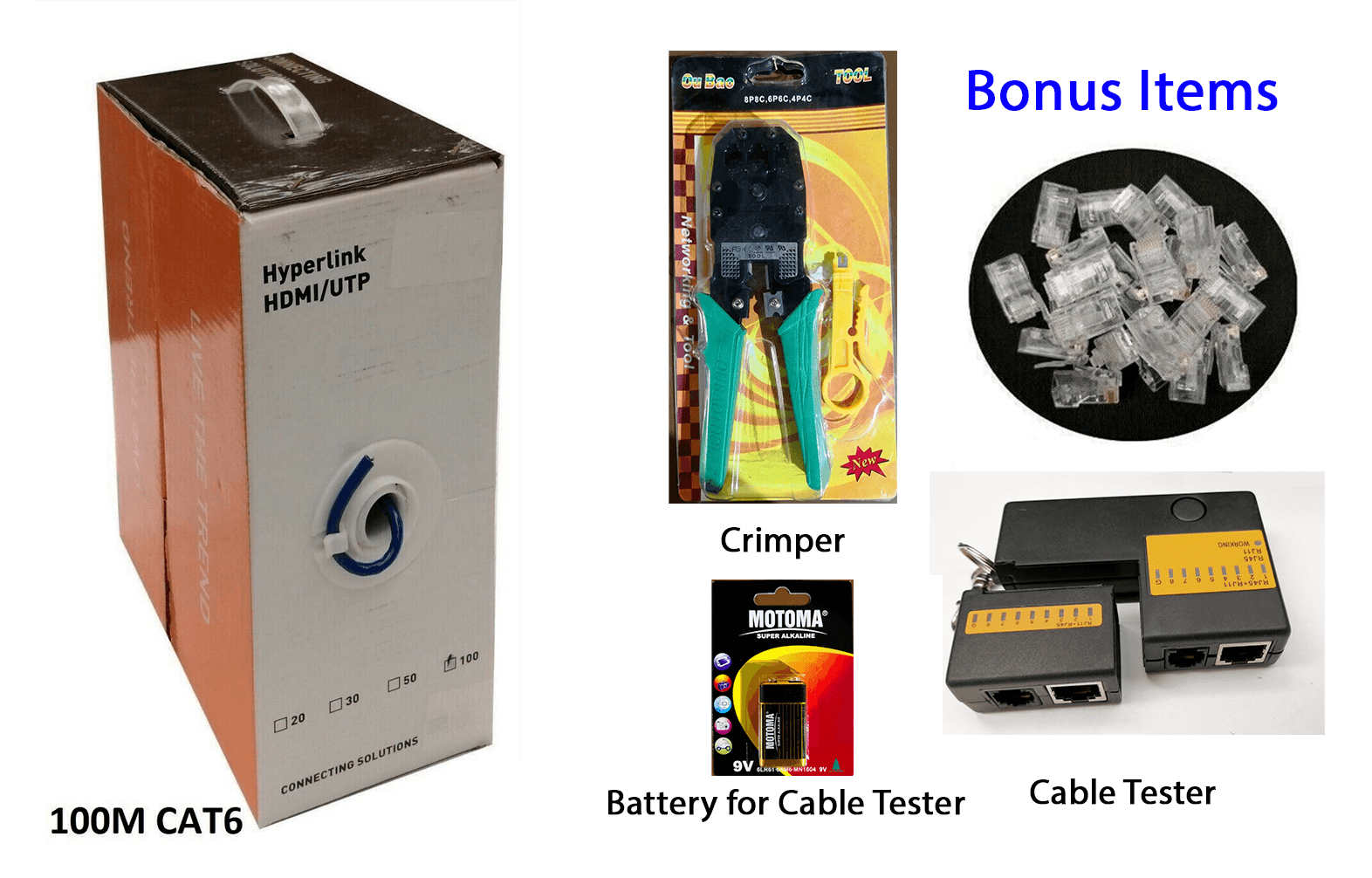 Cat 6 100m RJ45 Network Ethernet LAN Cable Bonus Crimper Tester 10Plugs-Blue - BESTA