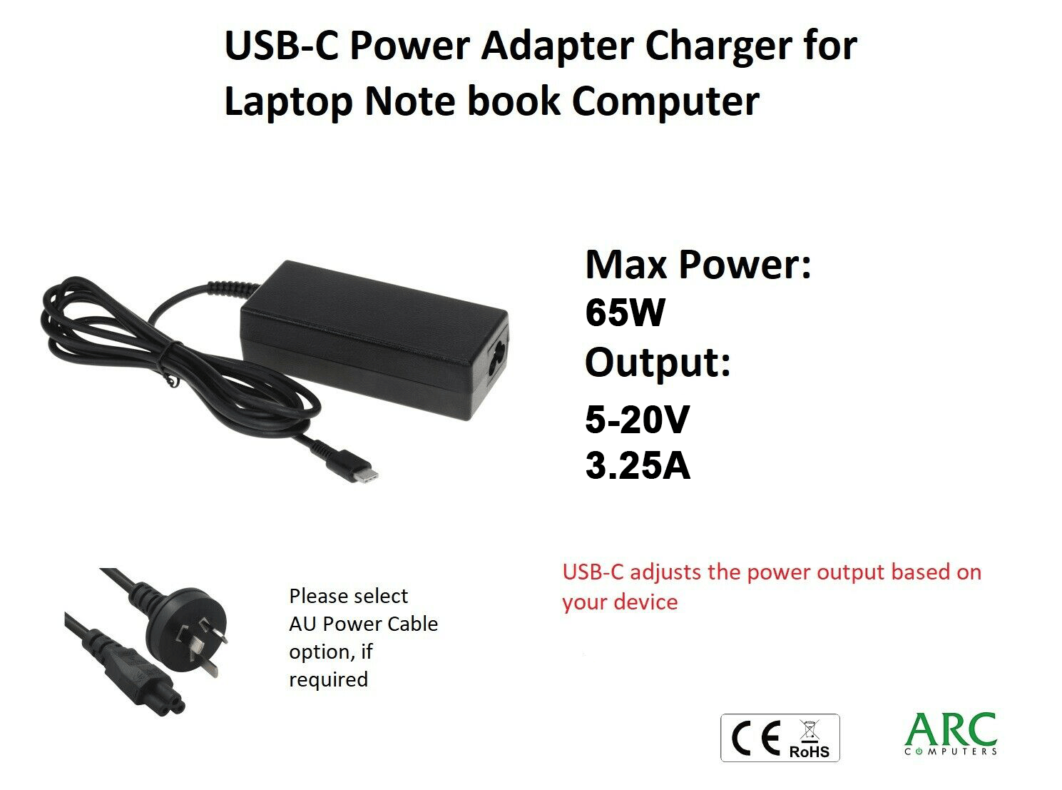 65W USB-C AC Power Adapter Type-C Charger Cable 5V~20V/3.25A for Laptop AU - BESTA
