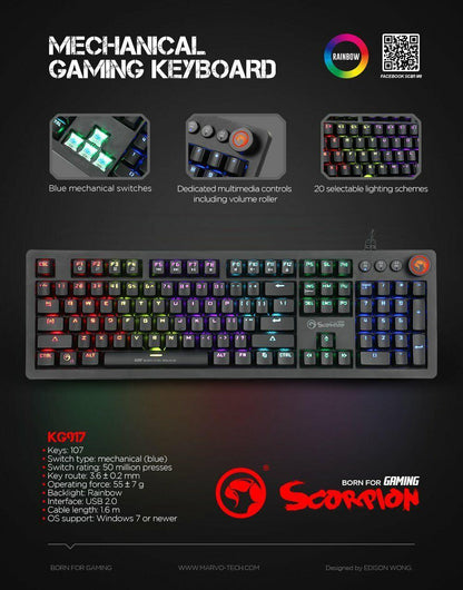 LED Mechanical PC Gaming Keyboard Rainbow Backlit RGB 107Keys Blue Switch - BESTA