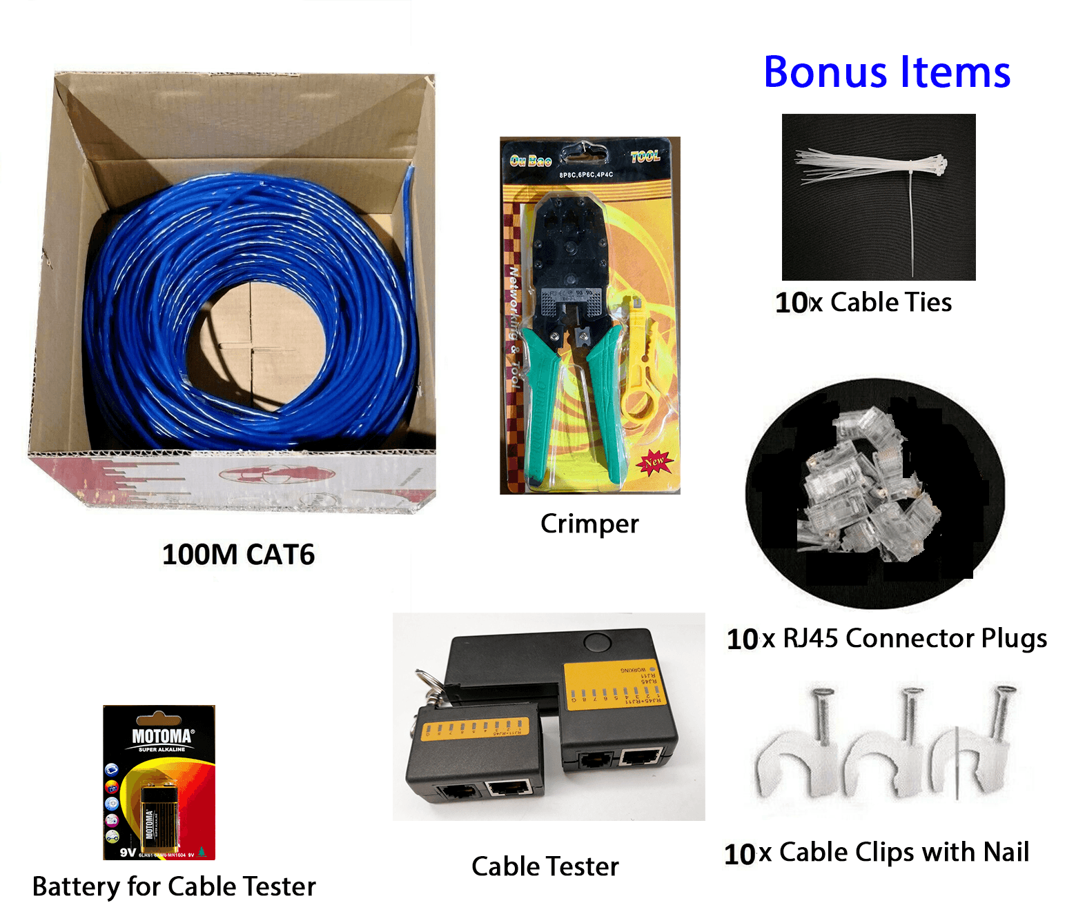Cat 6 100m RJ45 Network Ethernet LAN Cable free Crimper Tester 10 Plugs-Blue - BESTA