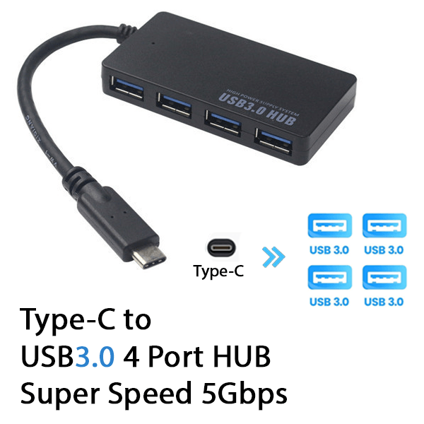 Type-C to 4 Port USB 3.0 Hub Slim Super Speed Splitter Extender Computer - BESTA