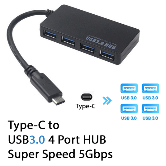 Type-C to 4 Port USB 3.0 Hub Slim Super Speed Splitter Extender Computer - BESTA