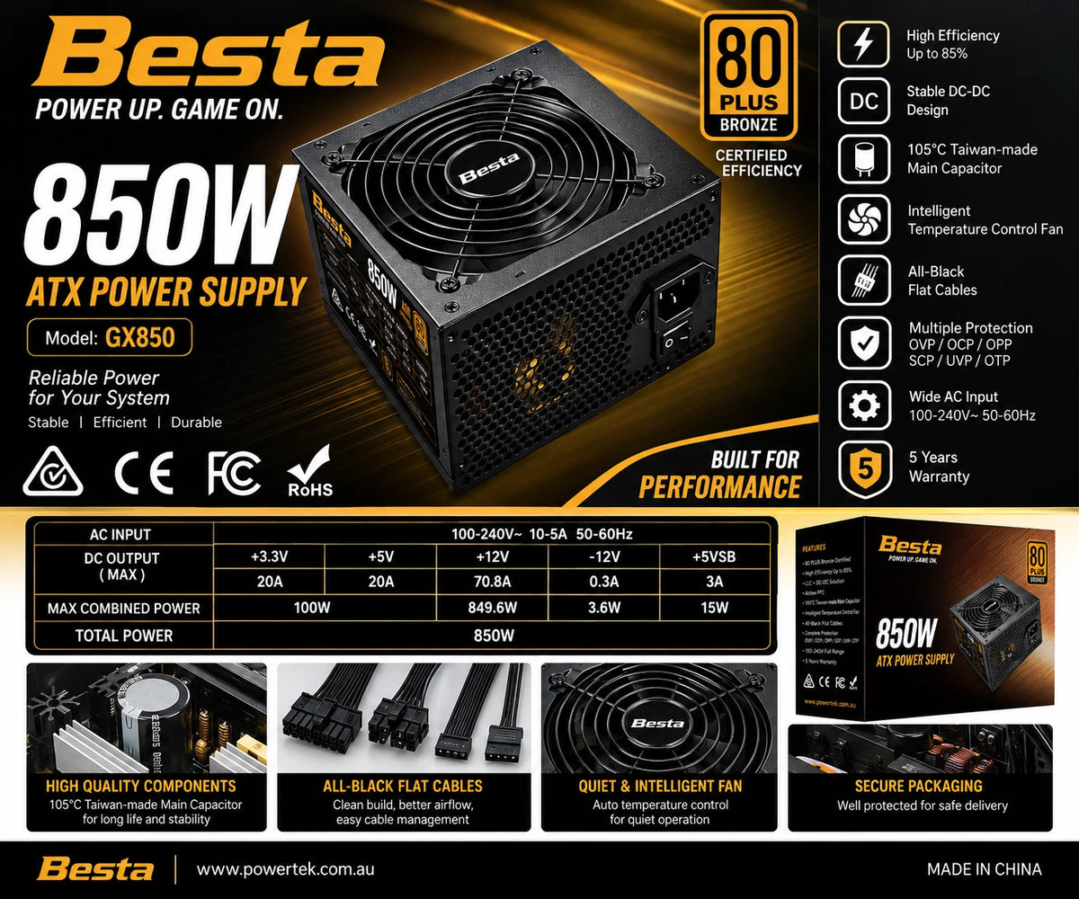 Besta GX850 850W ATX PC Power Supply 80 PLUS Bronze Gaming PSU 5 Year Warranty