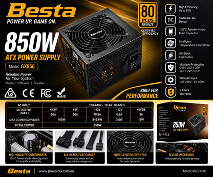 Besta GX850 850W ATX PC Power Supply 80 PLUS Bronze Gaming PSU 5 Year Warranty